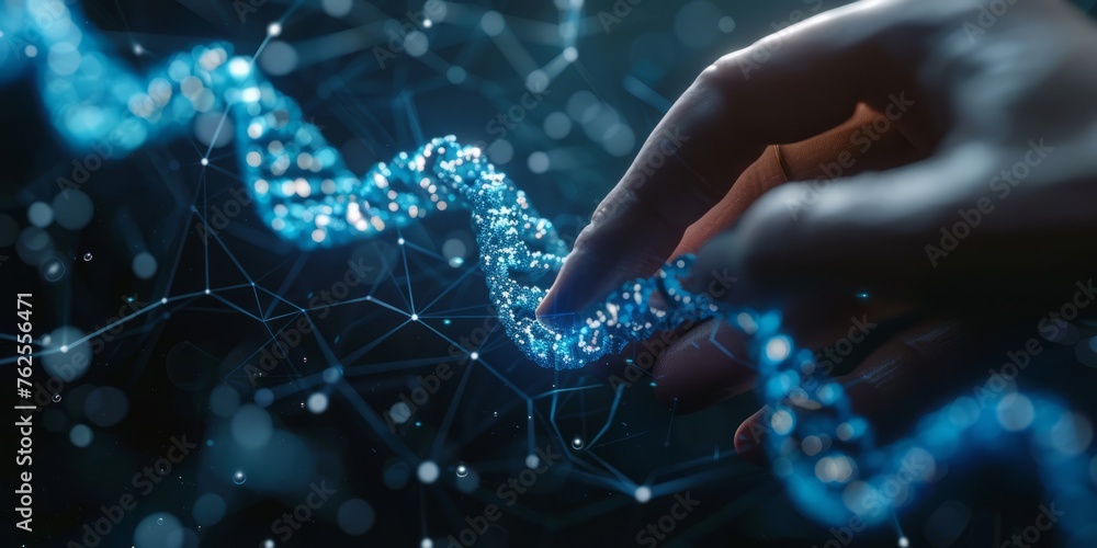 DNA strands, healthcare, artificial intelligence. DNA double helix, digital AI elements interweaving, AI and gene research - obrazy, fototapety, plakaty 