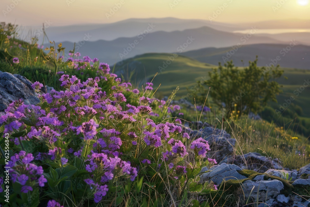 purple flowers on the hill top of the mountain landscape