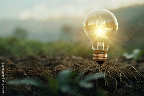 Light bulb with roots, 3D, concept of growth, soft backlight, low angle