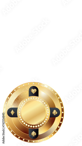 Round vector winning golden casino chip with glitter, expensively decorated with diamonds.	