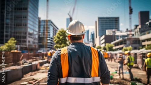 Architect or civil engineer standing outside with his back to the camera at a construction site on a bright day The men wore hard hats, shirts, and safety vests. photo