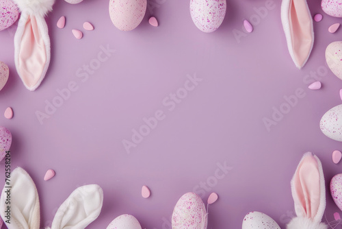 Overhead view of cute easter bunny ears with easter eggs. Blank space for text