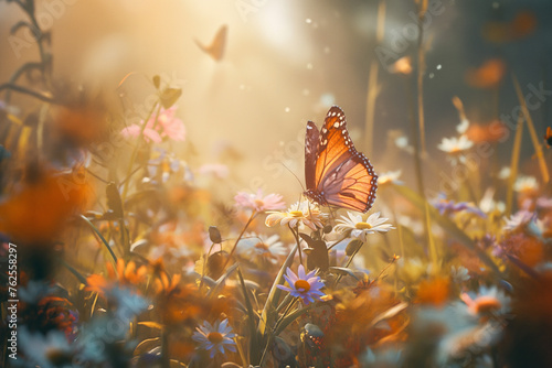colorful butterflies sitting on a flower meadow surrounded by colorful flowers