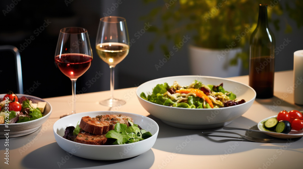 Fine restaurant dinner table place setting: napkin, wineglass, plate, bread and salad. Fine restaurant dinner table place setting: napkin, wineglass, plate, bread and salad.