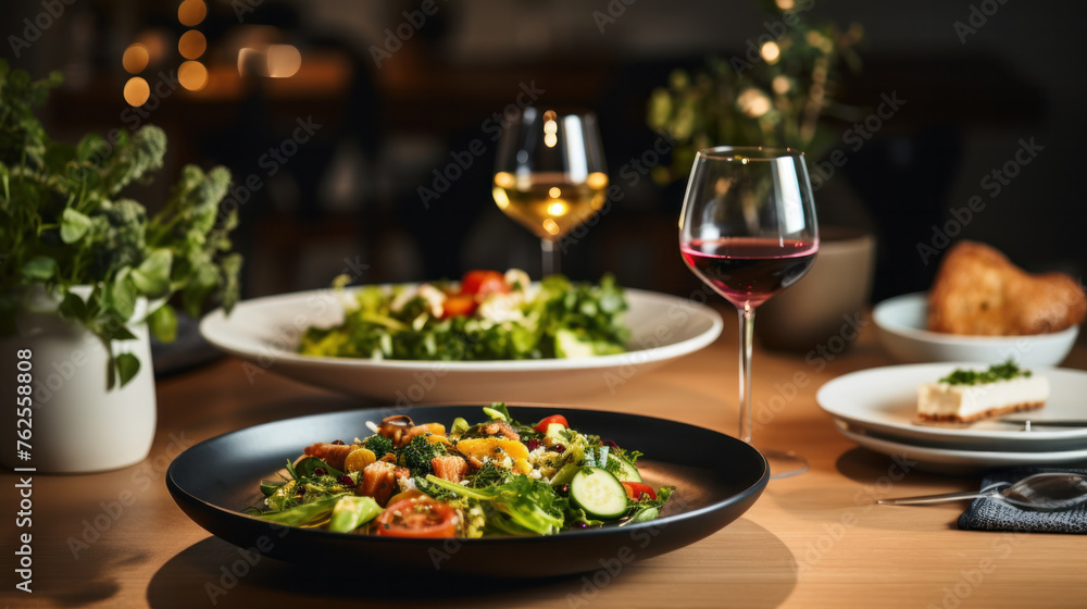 Fine restaurant dinner table place setting: napkin, wineglass, plate, bread and salad. Fine restaurant dinner table place setting: napkin, wineglass, plate, bread and salad.