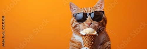 Closeup of cat with sunglasses, eating ice cream in cone, isolated on orange background.