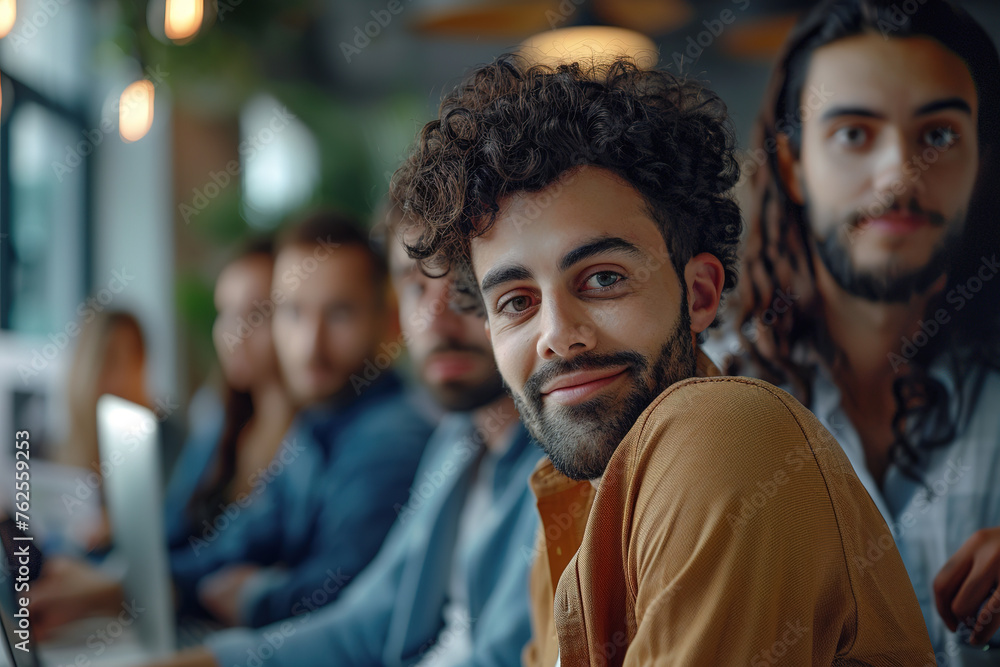 man and group of people from different cultures working together in office. AI generative man and group of people from different cultures working together in office. AI generative