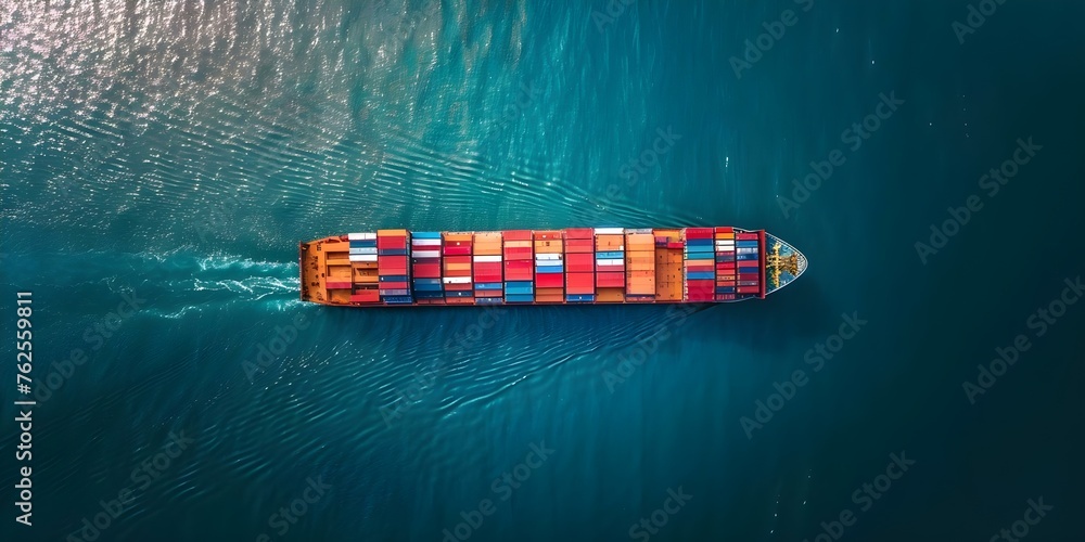 Global Trade Represented by an Aerial Cargo Ship Transporting Containers for Import/Export. Concept Global Trade, Aerial Cargo Ship, Container Transport, Import/Export Industry, Shipping Logistics - obrazy, fototapety, plakaty 
