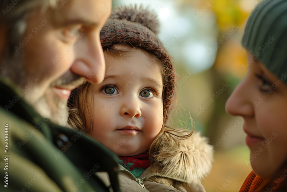 A child looks at her parents lovingly, flanked by them outdoors in autumn. A child looks at her parents lovingly, flanked by them outdoors in autumn.