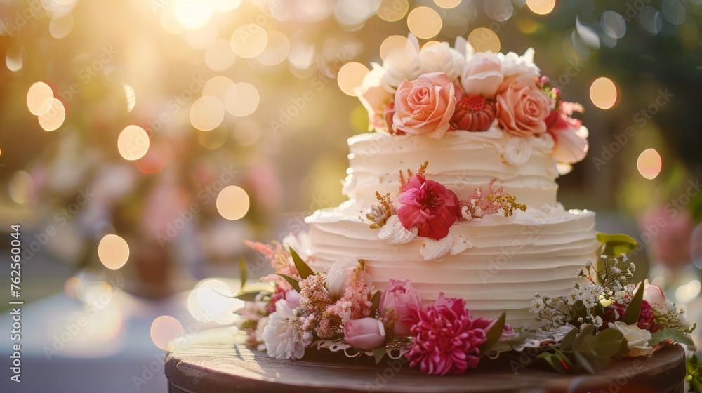 wedding cake decorated with pink and red on wood table wedding cake decorated with pink and red on wood table
