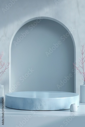 Minimalist Pastel Blue Circular Podium in a Light Gray Accented Space A High-Resolution, Stylish 3D Render with Soft Diffuse Studio Lighting.