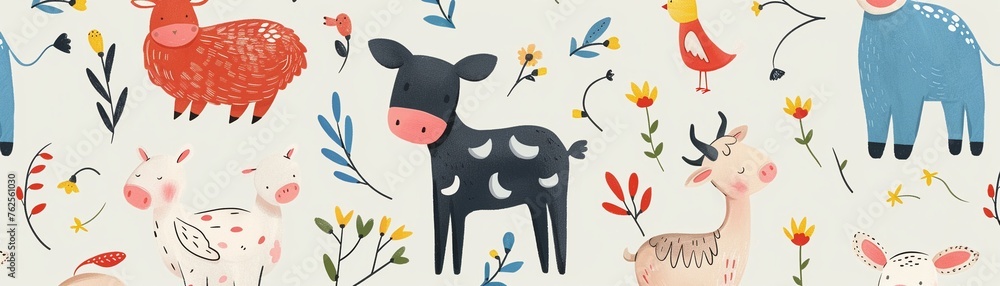 Farm animals in a whimsical style, charming for children's apparel Farm animals in a whimsical style, charming for children's apparel