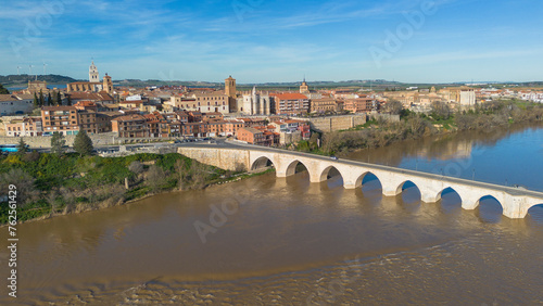 Panoramic aerial view of Tordesillas with the Duero river with great flow during the winter.