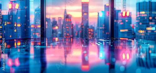 Vibrant city nightscape, modern skyscrapers illuminated by neon lights, reflecting in the water photo