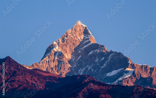 landscape view of snow covered mount Machhapuchhre in Nepal. 