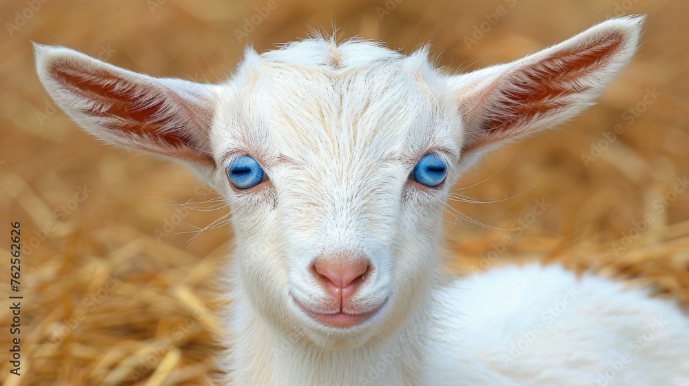 Captivating baby goat with striking blue eyes in a charming and picturesque rustic barn setting