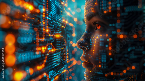 Abstract concept of digital beautiful human face on background of printed circuit board. Fusion of man and modern artificial intelligence technologies. In blue tones, LED backlight, binary code.