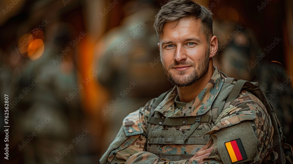 Confident German Soldier Smiling with Crossed Arms and Platoon in the Background Confident German Soldier Smiling with Crossed Arms and Platoon in the Background