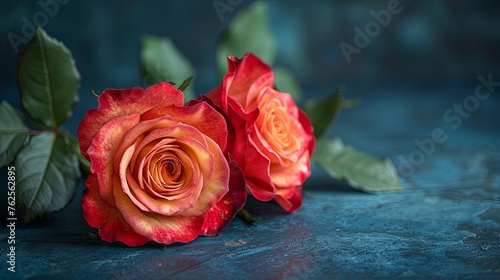Two Vibrant Roses with Lush Leaves on a Moody Blue Textured Background