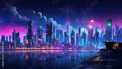 The picture of the neon night time futuristic cyberpunk scifi metropolis yet bright with neon light that fill everywhere of metropolis and fill with tall building and long roadway at night. AIGX01. © Summit Art Creations