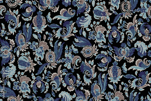 seamless pattern  Indian block print floral cotton fabric black  , seamless pattern,  indigo signature sophisticated style that is at once timeless and contemporary
