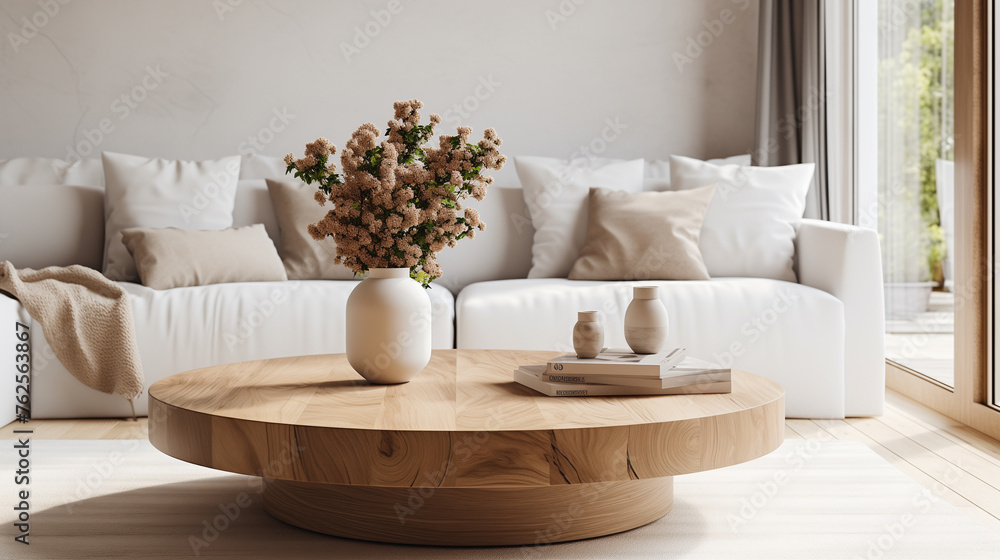 Elegant Living Room with White Couch and Wooden Coffee Table Elegant Living Room with White Couch and Wooden Coffee Table
