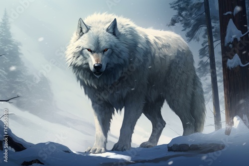 Ferocious Wolf on snowy mountain massive. Wild arctic grey predator on frost hill edge. Generate ai
