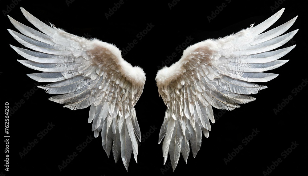Fototapeta premium Angel wings isolated on the black background, fantasy feather wings for fashion design, cosplay and dress up party.