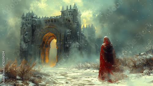 Kobieta w czerwonej pelerynie przed bramą do średniowiecznego miasta, styl abstrakcyjny