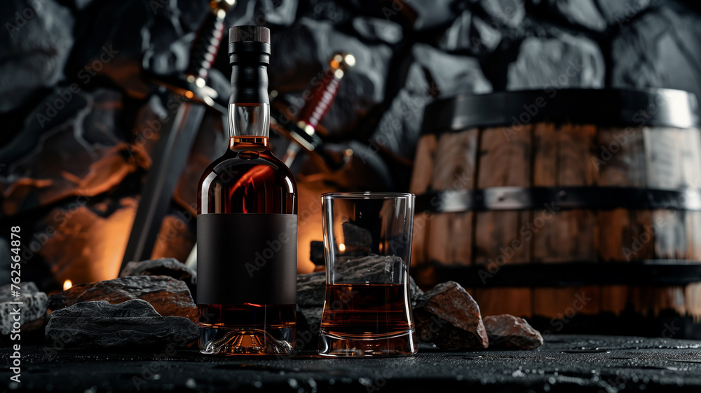 Whiskey Bottle | Blank Black Label  | Dark Stone Surface, Medieval Sword | Fire, Barrel | Bottle Mockup Label Design