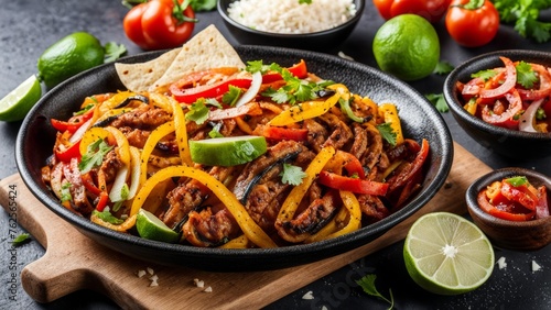 Fajita is a dish of Texan—Mexican cuisine, which is wrapped in a tortilla photo