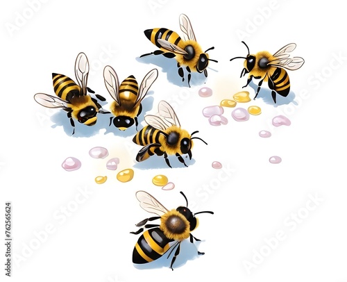 bee and honey,bee on white background,bees and honey, honey bees eating sugar on the ground, bees scattered on the floor, how honey bee prepare their food, preparation of honey © Zakir