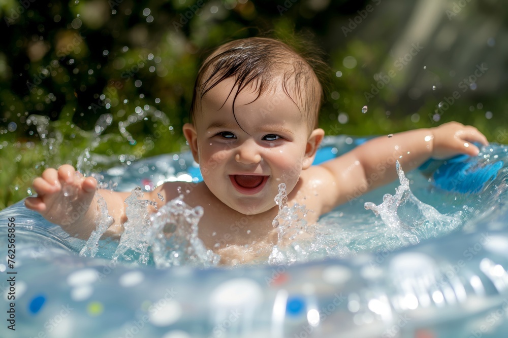 Happy baby smiling and playing with water in a small inflatable pool outdoors Happy baby smiling and playing with water in a small inflatable pool outdoors