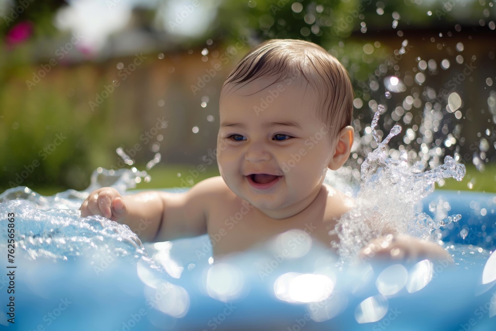 Happy baby enjoys a sunny day playing with water in an outdoor setting Happy baby enjoys a sunny day playing with water in an outdoor setting