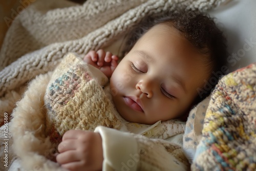 Serene baby sleeps soundly, enveloped in a cozy knitted blanket