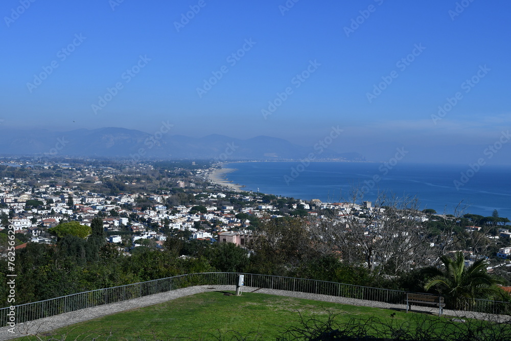 Panoramic view of the Lazio coast from the town of San Felice Circeo, Italy.