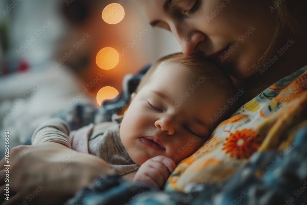 Warm and intimate capture of a mother gently holding her peacefully sleeping baby Warm and intimate capture of a mother gently holding her peacefully sleeping baby