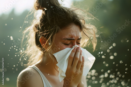 jeune femme en train de se moucher le nez à cause d'allergie respiratoire saisonnière photo