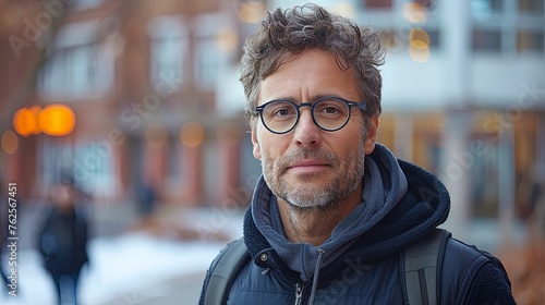 Mature Man with Glasses and Backpack in Urban Winter Setting, City Life Portrait