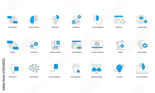 Vector Artificial Intelligence icon set for web and mobile apps. Smart conversation, Machine learning, deep learning, technology icons.