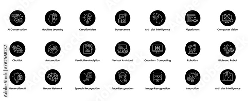 Vector Artificial Intelligence icon set for web and mobile apps. Smart conversation, Machine learning, deep learning, technology icons.