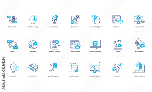 Vector Artificial Intelligence icon set for web and mobile apps. Smart conversation, Machine learning, deep learning, technology icons.