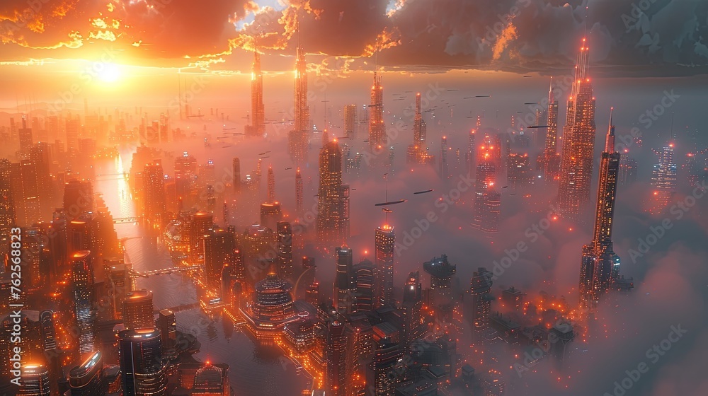 Dystopian Megacity with Radiant Dawn Light Piercing Through Mist