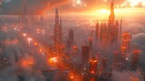 Futuristic Cityscape with Glowing Skyscrapers and Misty Sunset
