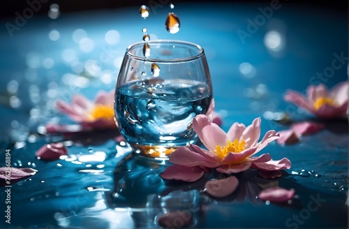 clear water filled in a clear glass with a flower photo