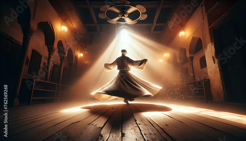 A derwish whirling in rays of light