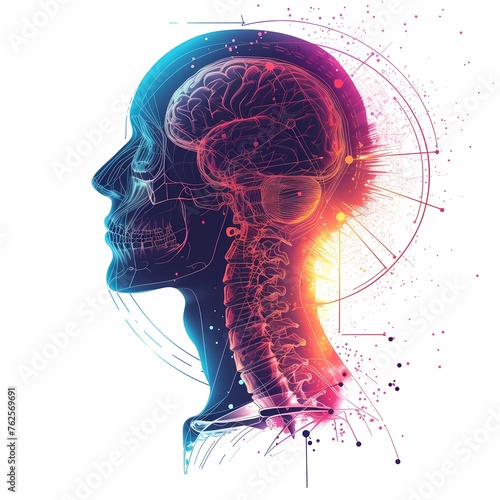 3d rendered illustration of a human brain Human head with x-ray structure. Gradient abstract futuristic science and technology background. 3D rendering.