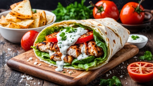 Greek gyros is pork meat fried on a fire or on a spit, wrapped in a wheat tortilla.