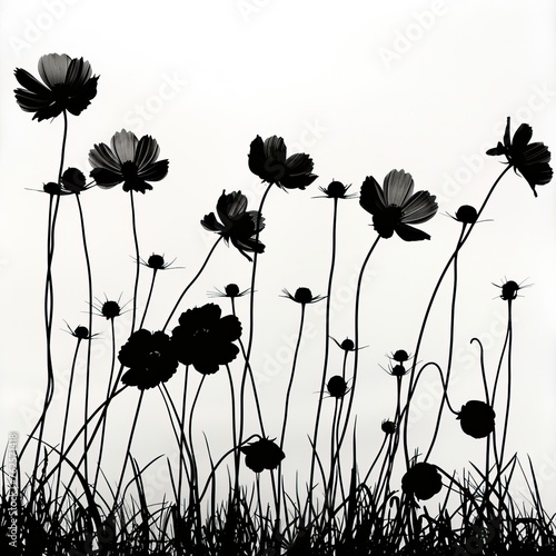 Spring flowers silhouette black white high quality ai generated image