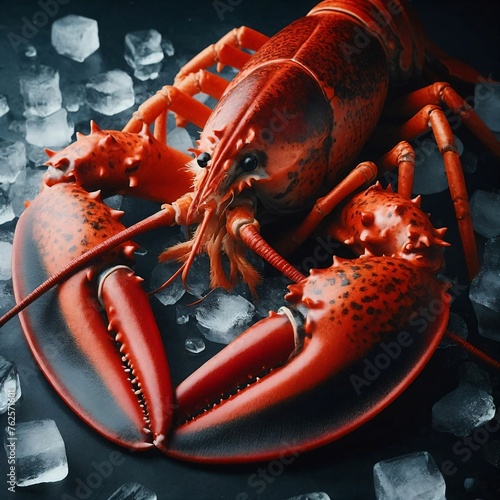 Fresh from the Sea: Close-Up of a Pristine Red Lobster on Ice Black Background